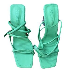 Schutz Lime Green Leather Buckle
Ankle Strap Acrylic Block Heel
Sandal Size 7.5